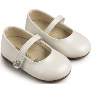 BS3502 Γοβάκι Μονή Μπαρέτα με Στρασένιο Κουμπάκι  Εκρού