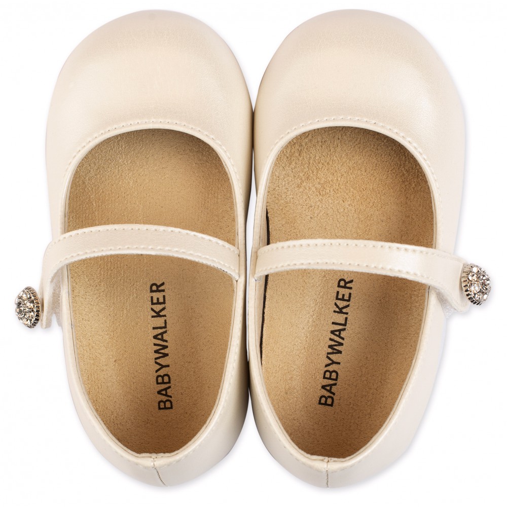 BS3502 Γοβάκι Μονή Μπαρέτα με Στρασένιο Κουμπάκι  Εκρού