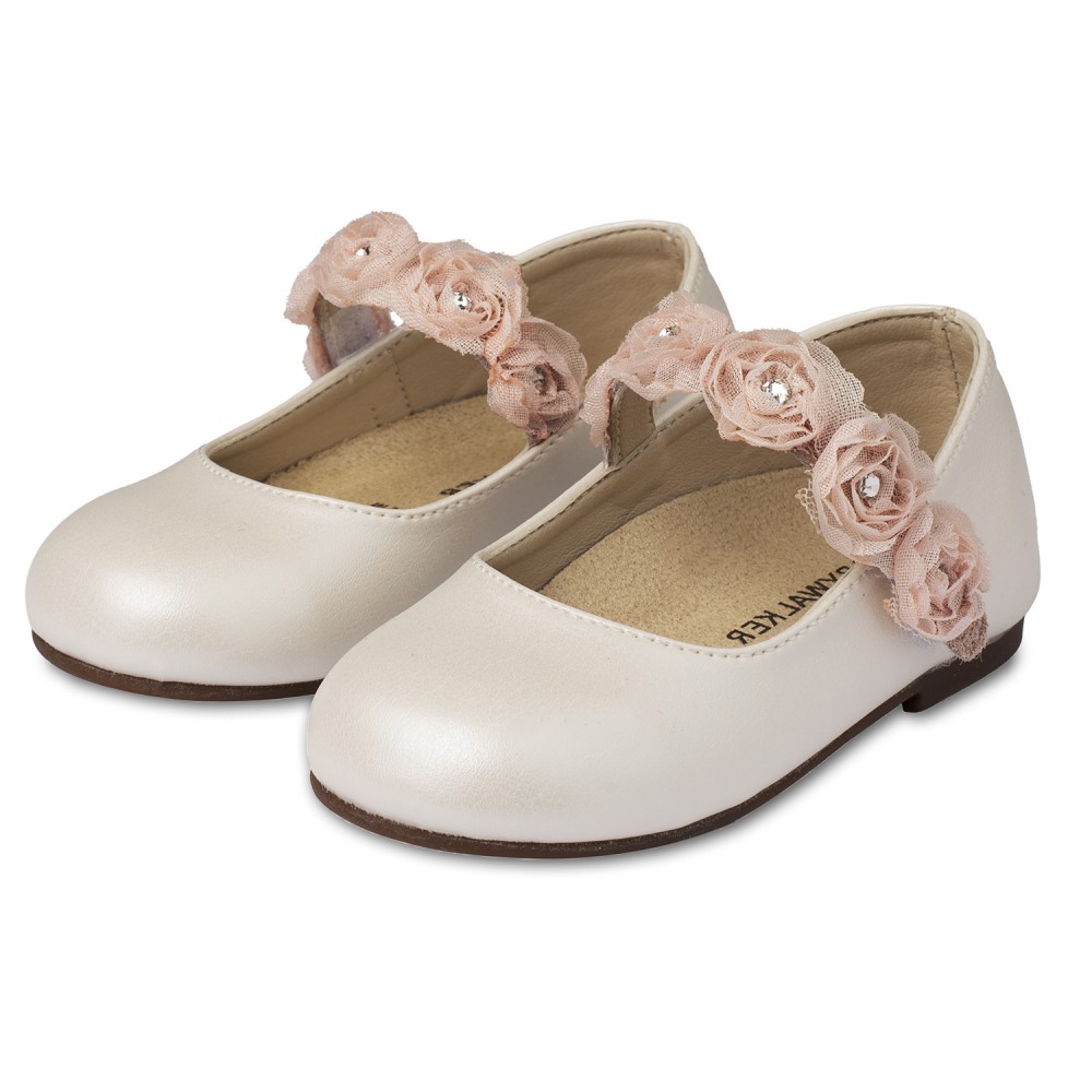 BS3523 Γοβάκι Μονή Μπαρέτα με Λουλούδια  Εκρού Ροζ