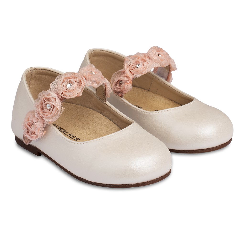 BS3523 Γοβάκι Μονή Μπαρέτα με Λουλούδια  Εκρού Ροζ