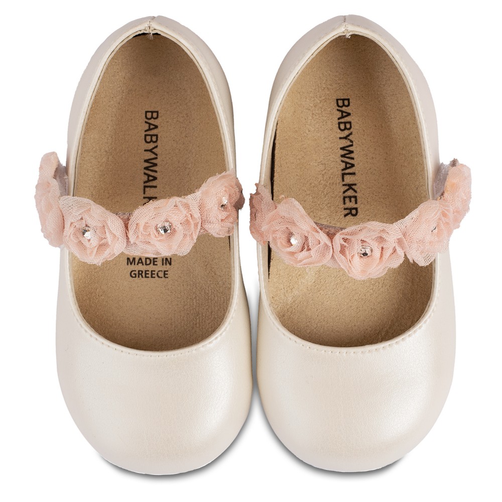 BS3523 Γοβάκι Μονή Μπαρέτα με Λουλούδια  Εκρού Ροζ