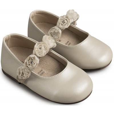 BS3523 Γοβάκι Μονή Μπαρέτα με Λουλούδια Εκρού