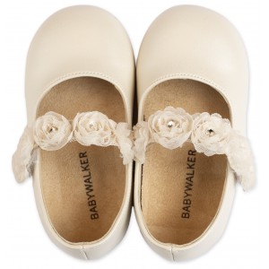 BS3523 Γοβάκι Μονή Μπαρέτα με Λουλούδια Εκρού