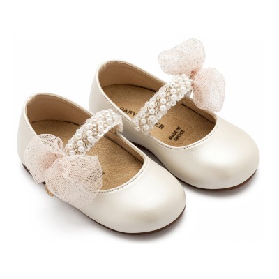 BS3596 Γοβάκι Μονή Μπαρέτα Διακοσμημένη με Χειροποίητο Διακοσμητικό  Εκρού