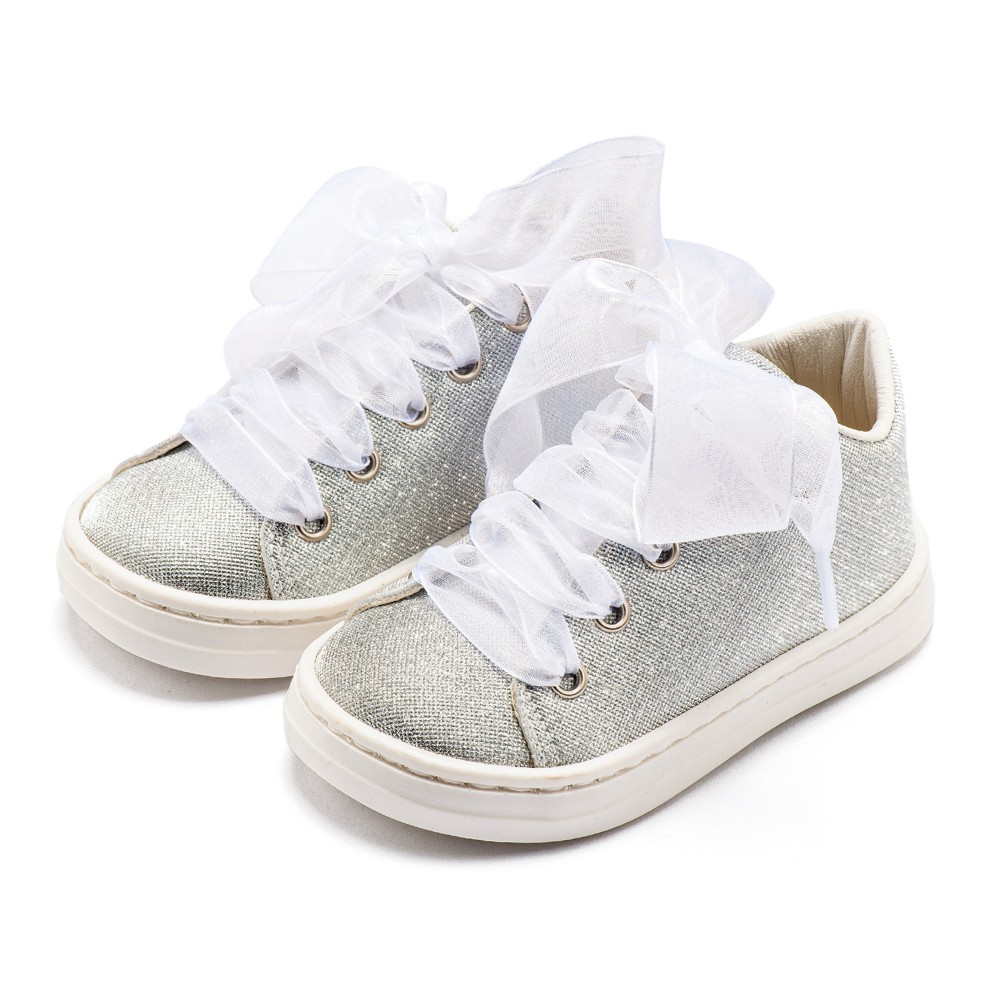 BW4864 Sneaker απο Ύφασμα και Δέσιμο Κορδέλα  Ασημί