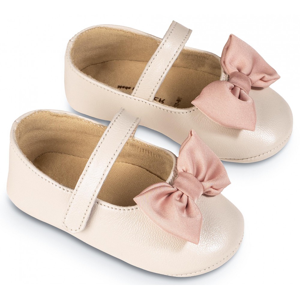 MI1646 Γοβάκι Μονή Μπαρέτα με Υφασμάτινο Χειροποίητο Φιογκάκι  Εκρού Ροζ