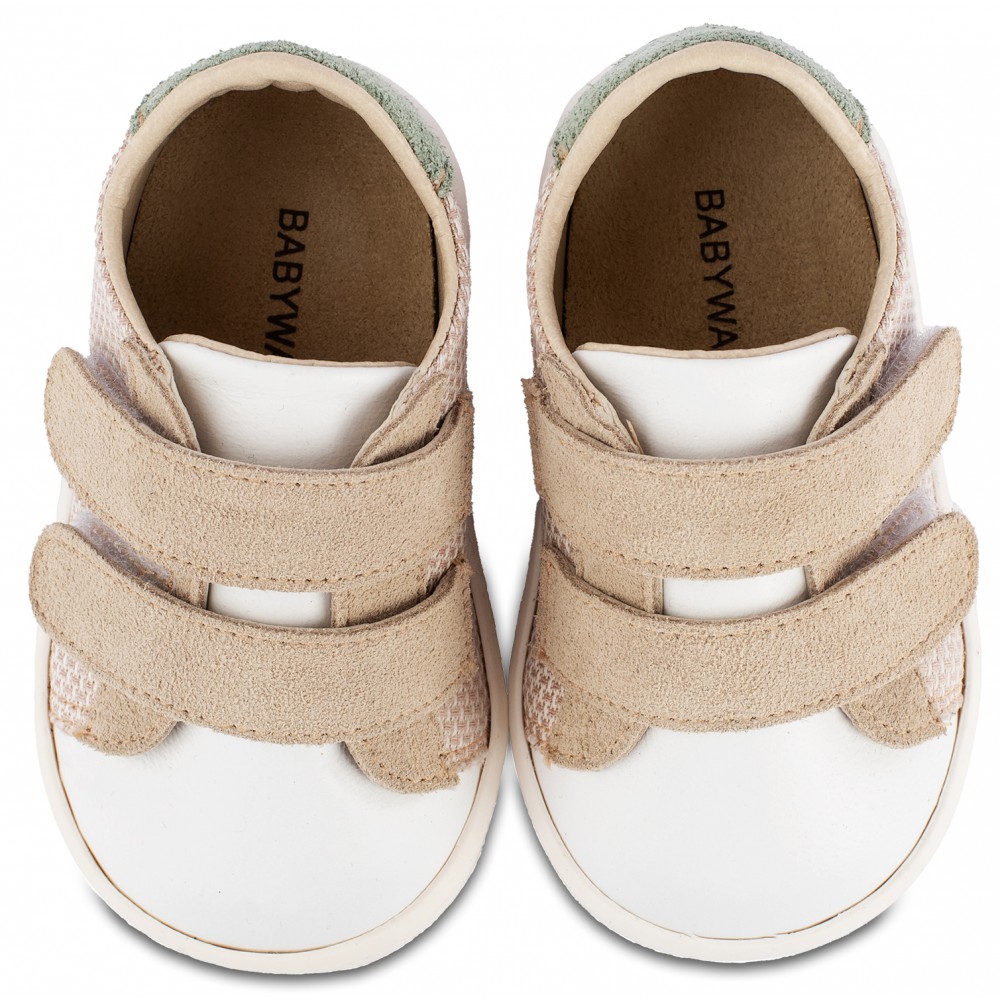 PRI2104  Μπεζ Λευκό Μέντα Sneakers Διπλή Μπαρέτα Χρατς 