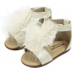 PRI2599 Δερμάτινο Πέδιλο  Διακοσμημένο με Πον Πον   Εκρου