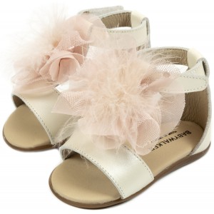 PRI2599 Δερμάτινο Πέδιλο  Διακοσμημένο με Πον Πον   Εκρου Ροζ