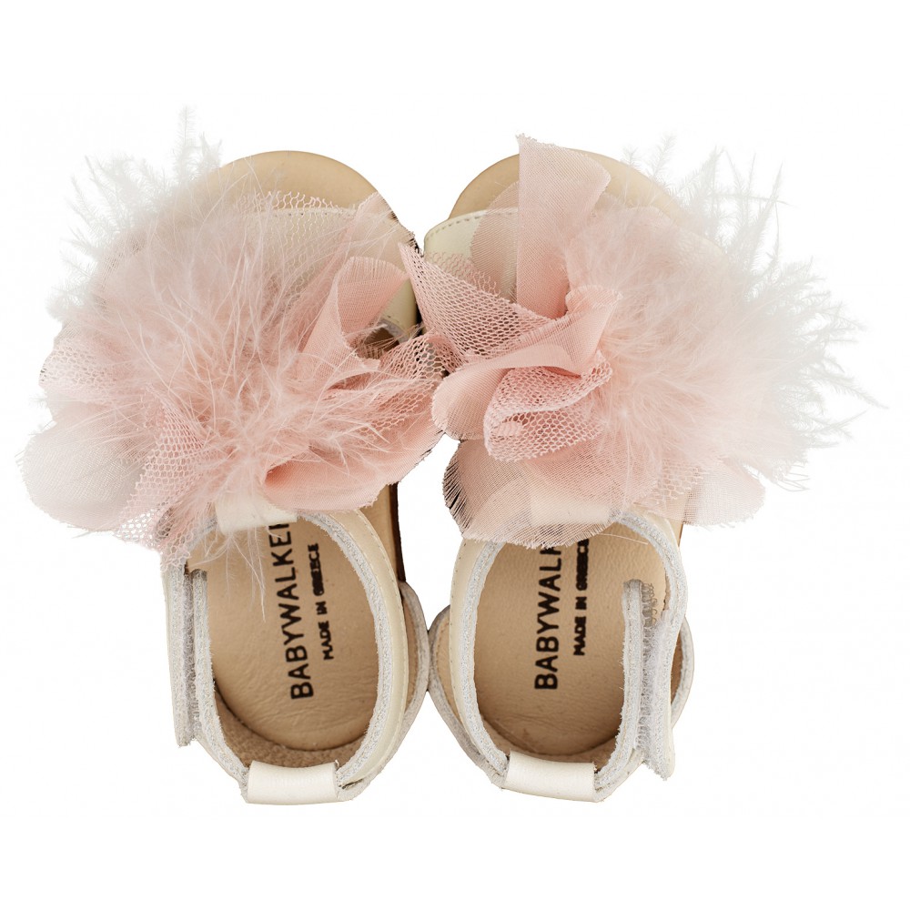 PRI2599 Δερμάτινο Πέδιλο  Διακοσμημένο με Πον Πον   Εκρου Ροζ