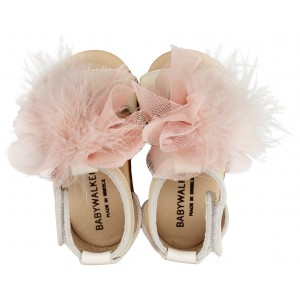 PRI2599 Δερμάτινο Πέδιλο  Διακοσμημένο με Πον Πον   Εκρου Ροζ