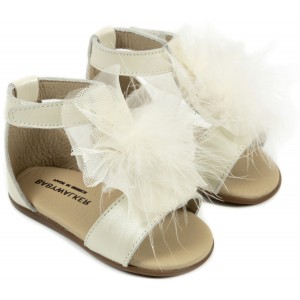 PRI2599 Δερμάτινο Πέδιλο  Διακοσμημένο με Πον Πον   Εκρου