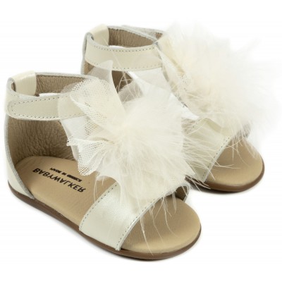 PRI2599 Δερμάτινο Πέδιλο  Διακοσμημένο με Πον Πον   Εκρου