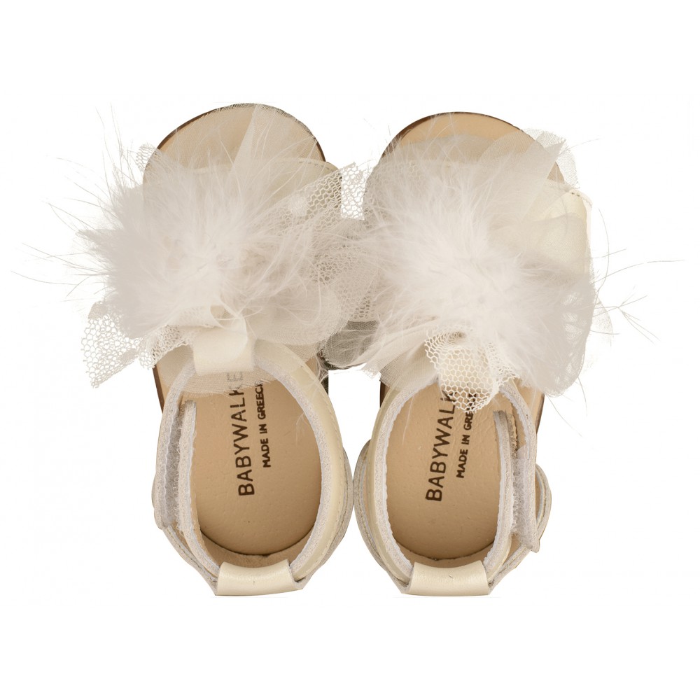 PRI2599 Δερμάτινο Πέδιλο  Διακοσμημένο με Πον Πον   Εκρου