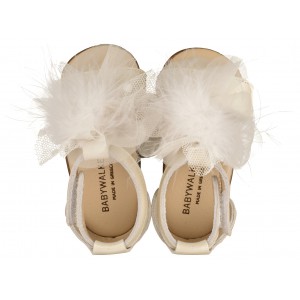 PRI2599 Δερμάτινο Πέδιλο  Διακοσμημένο με Πον Πον   Εκρου