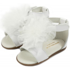 PRI2599 Δερμάτινο Πέδιλο  Διακοσμημένο με Πον Πον  Λευκό