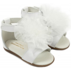 PRI2599 Δερμάτινο Πέδιλο  Διακοσμημένο με Πον Πον  Λευκό