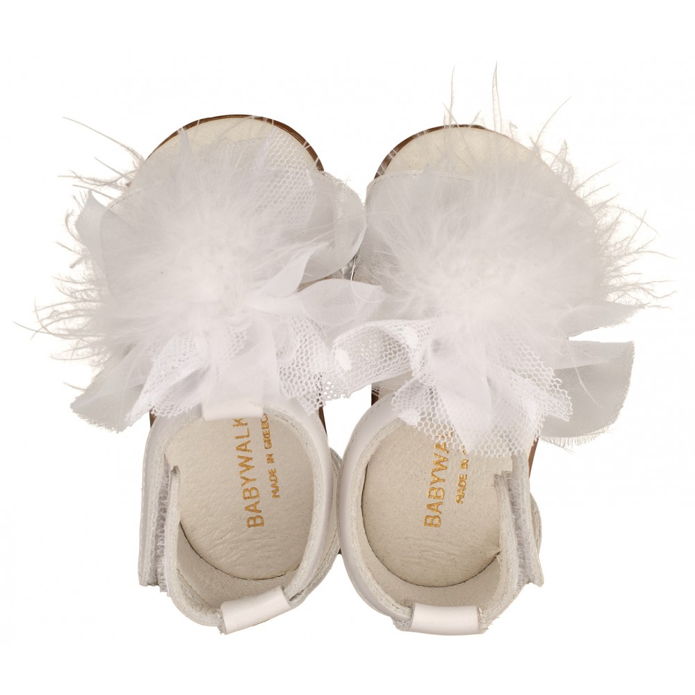 PRI2599 Δερμάτινο Πέδιλο  Διακοσμημένο με Πον Πον  Λευκό