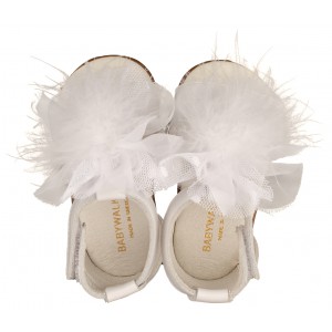 PRI2599 Δερμάτινο Πέδιλο  Διακοσμημένο με Πον Πον  Λευκό