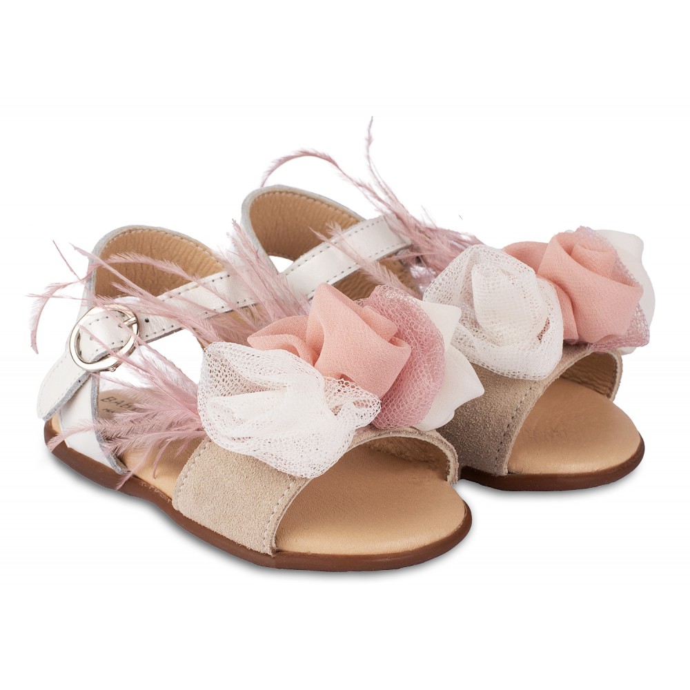 PRI2616 Πέδιλο Διακοσμημένο με Λουλούδια και Φτερά   Εκρού Ροζ