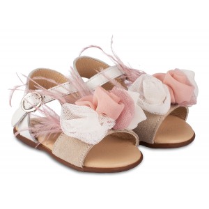 PRI2616 Πέδιλο Διακοσμημένο με Λουλούδια και Φτερά   Εκρού Ροζ