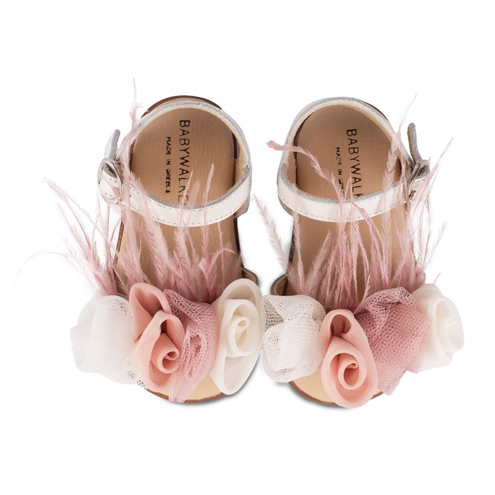 PRI2616 Πέδιλο Διακοσμημένο με Λουλούδια και Φτερά   Εκρού Ροζ