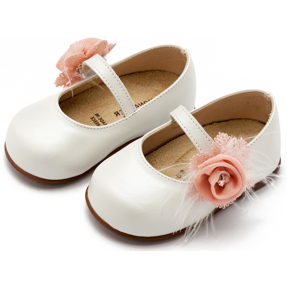 PRI2640 Γοβάκι  Μονή Μπαρέτα με Λουλούδι   Εκρού Ροζ