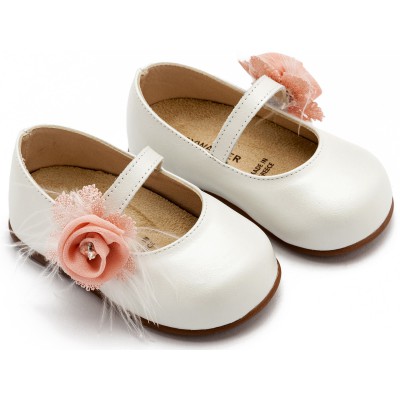 PRI2640 Γοβάκι  Μονή Μπαρέτα με Λουλούδι   Εκρού Ροζ