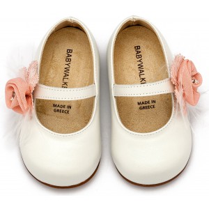 PRI2640 Γοβάκι  Μονή Μπαρέτα με Λουλούδι   Εκρού Ροζ