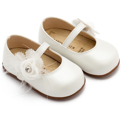 PRI2640 Γοβάκι  Μονή Μπαρέτα με Λουλούδι   Εκρού