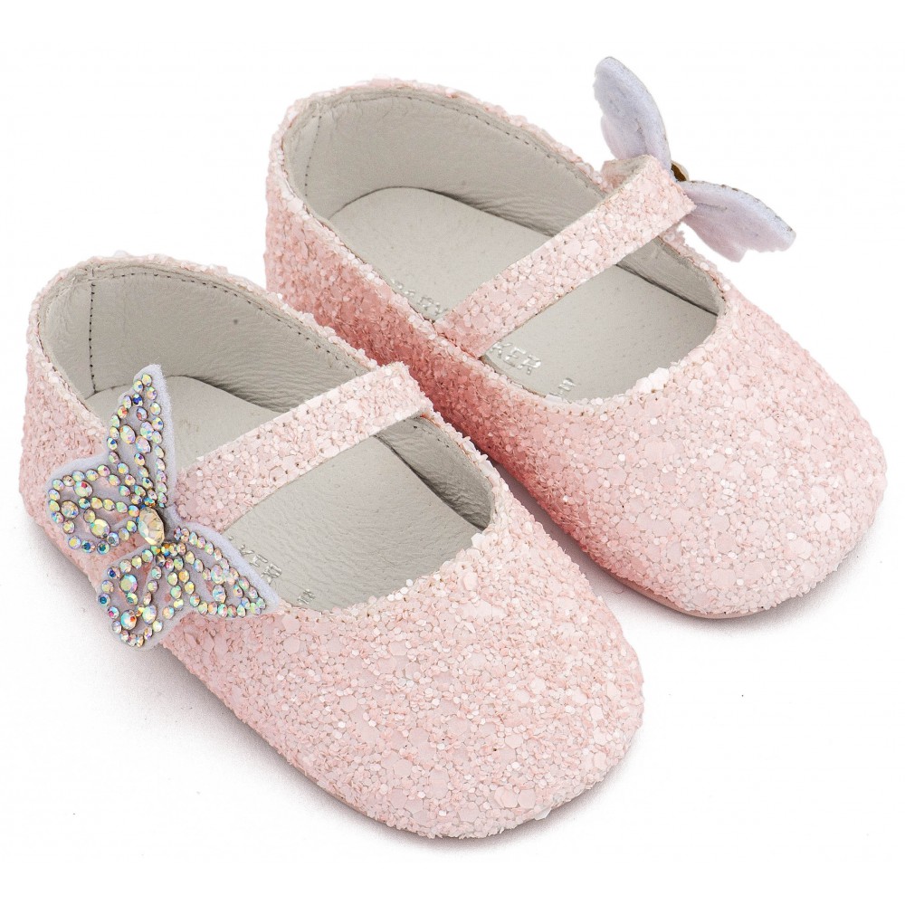 MI1658 Ροζ Γοβάκι Μονή Μπαρέτα Χρατς με  Στρασένια Πεταλούδα 