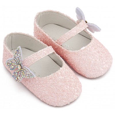 MI1658 Ροζ Γοβάκι Μονή Μπαρέτα Χρατς με  Στρασένια Πεταλούδα 