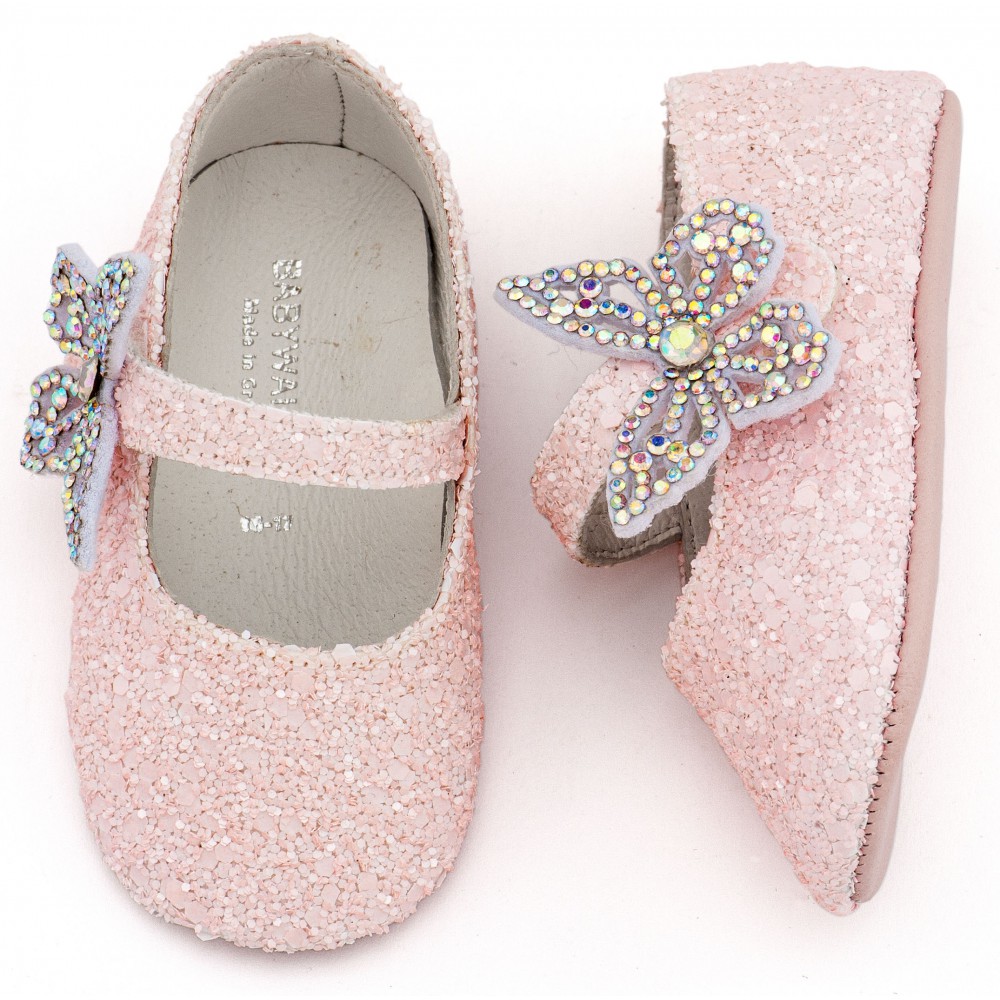 MI1658 Ροζ Γοβάκι Μονή Μπαρέτα Χρατς με  Στρασένια Πεταλούδα 