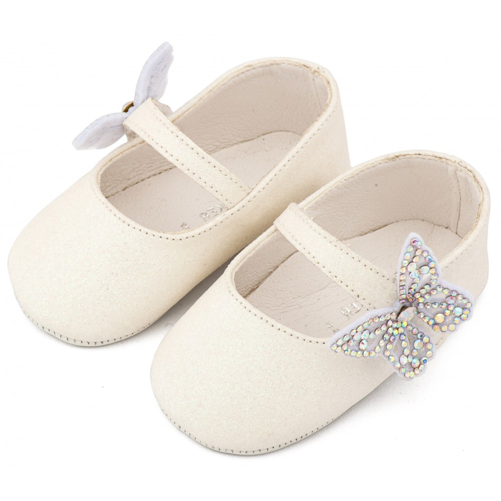 MI1658 Λευκό Γοβάκι Μονή Μπαρέτα Χρατς με  Στρασένια Πεταλούδα 