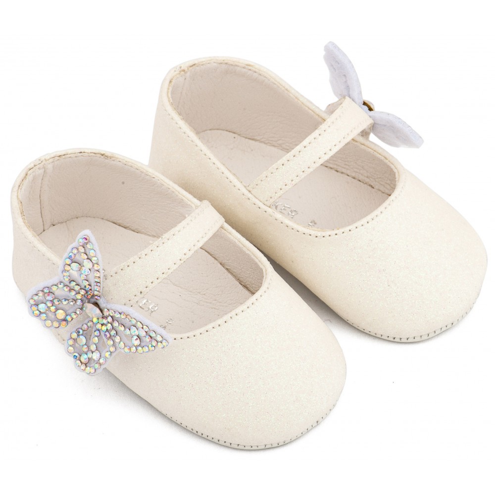 MI1658 Λευκό Γοβάκι Μονή Μπαρέτα Χρατς με  Στρασένια Πεταλούδα 