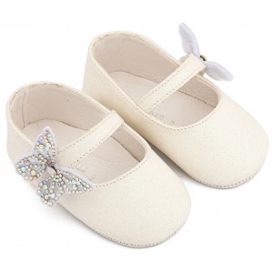 MI1658 Λευκό Γοβάκι Μονή Μπαρέτα Χρατς με  Στρασένια Πεταλούδα 