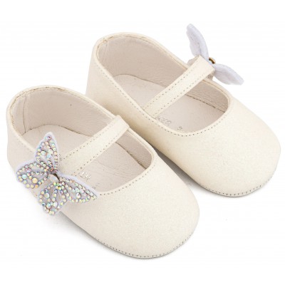 MI1658 Λευκό Γοβάκι Μονή Μπαρέτα Χρατς με  Στρασένια Πεταλούδα 