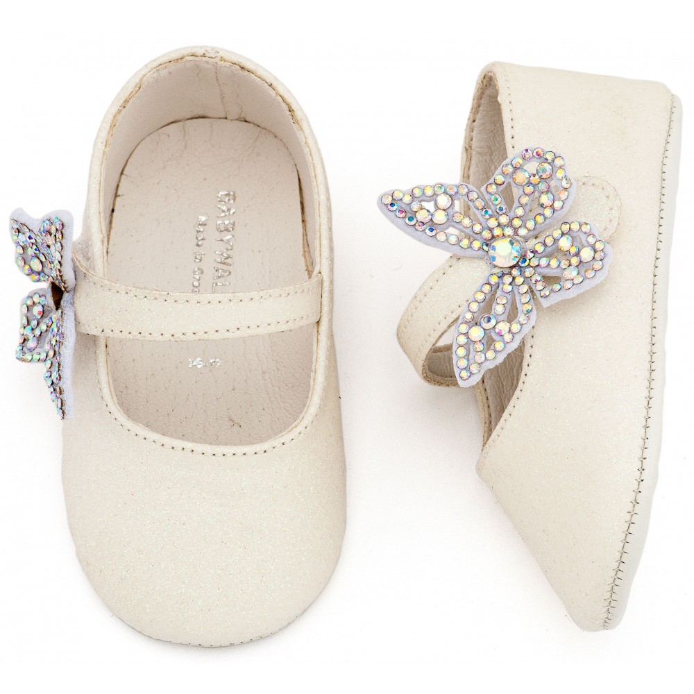 MI1658 Λευκό Γοβάκι Μονή Μπαρέτα Χρατς με  Στρασένια Πεταλούδα 