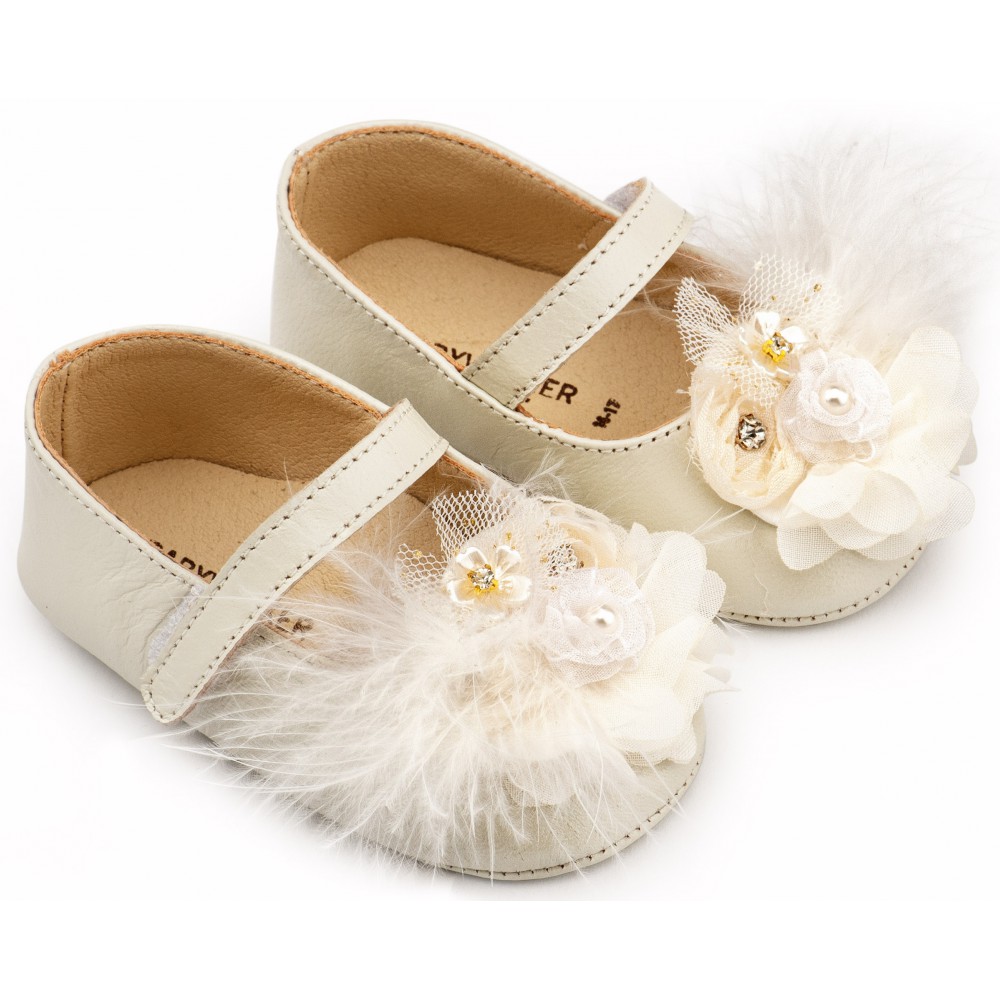 MI1663 Εκρού Γοβάκι Μονή Μπαρέτα με Υφασμάτινο Χειροποίητο Φιογκάκι 