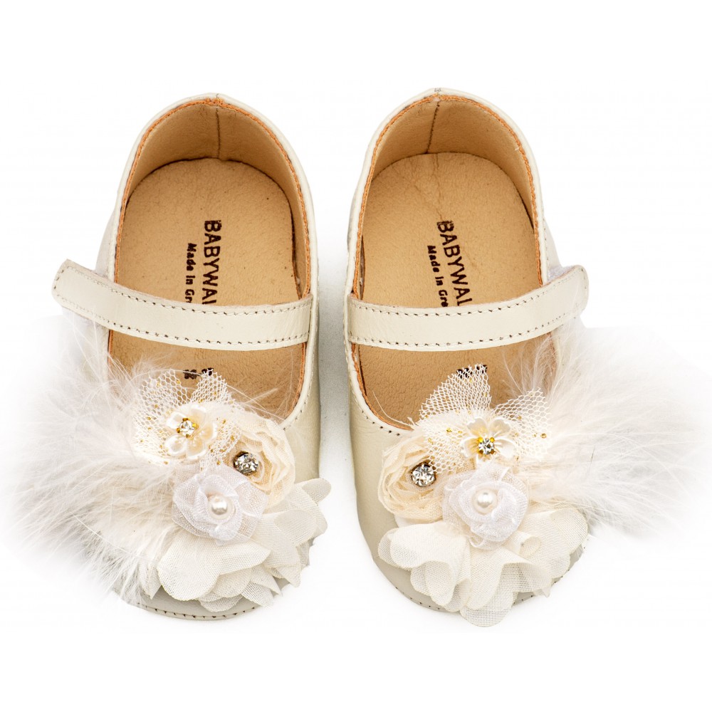 MI1663 Εκρού Γοβάκι Μονή Μπαρέτα με Υφασμάτινο Χειροποίητο Φιογκάκι 