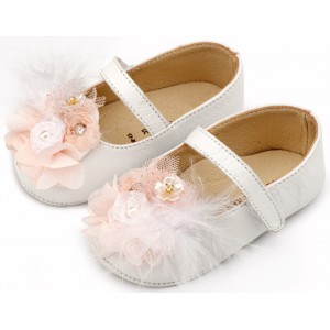 MI1663 Λευκό Ροζ Γοβάκι Μονή Μπαρέτα με Υφασμάτινο Χειροποίητο Φιογκάκι 