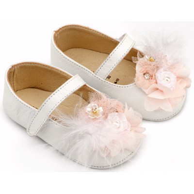 MI1663 Λευκό Ροζ Γοβάκι Μονή Μπαρέτα με Υφασμάτινο Χειροποίητο Φιογκάκι 