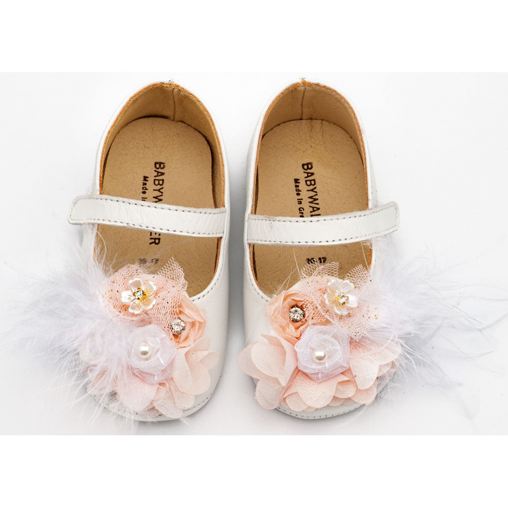 MI1663 Λευκό Ροζ Γοβάκι Μονή Μπαρέτα με Υφασμάτινο Χειροποίητο Φιογκάκι 