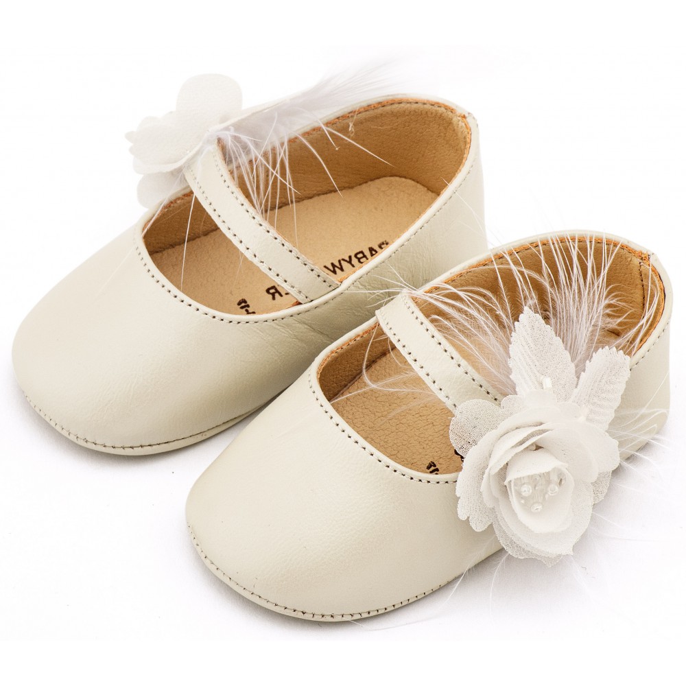 MI1664 Εκρού Γοβάκι Μονή Μπαρέτα Διακοσμημένο με Λουλούδι και Πούπουλα 