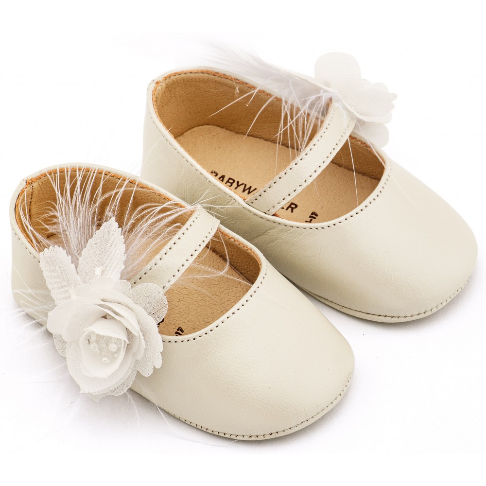 MI1664 Εκρού Γοβάκι Μονή Μπαρέτα Διακοσμημένο με Λουλούδι και Πούπουλα 