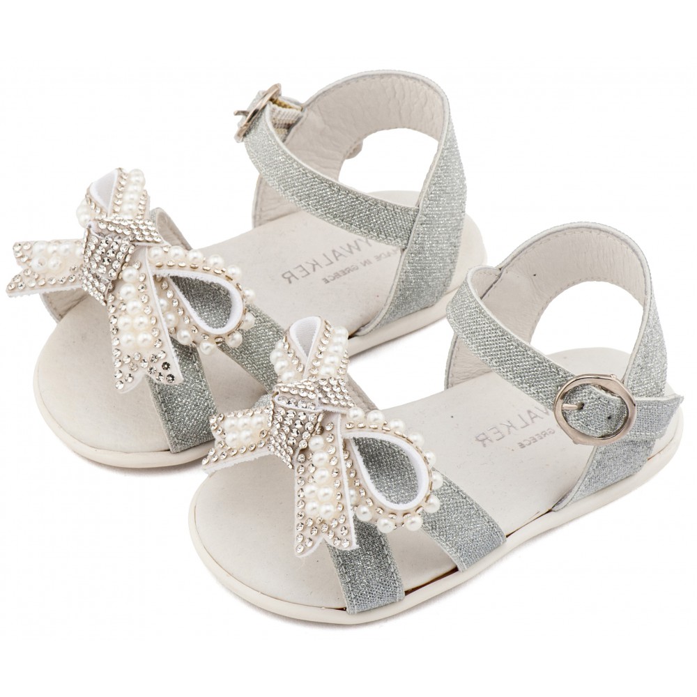 PRI2655 Ασημί Πέδιλο Διακοσμημένο με Φιόγκο απο Πέρλες 