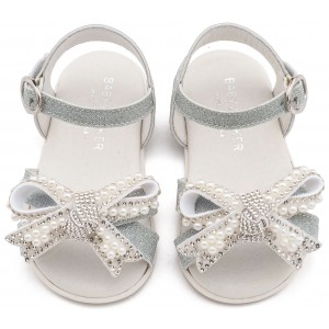 PRI2655 Ασημί Πέδιλο Διακοσμημένο με Φιόγκο απο Πέρλες 
