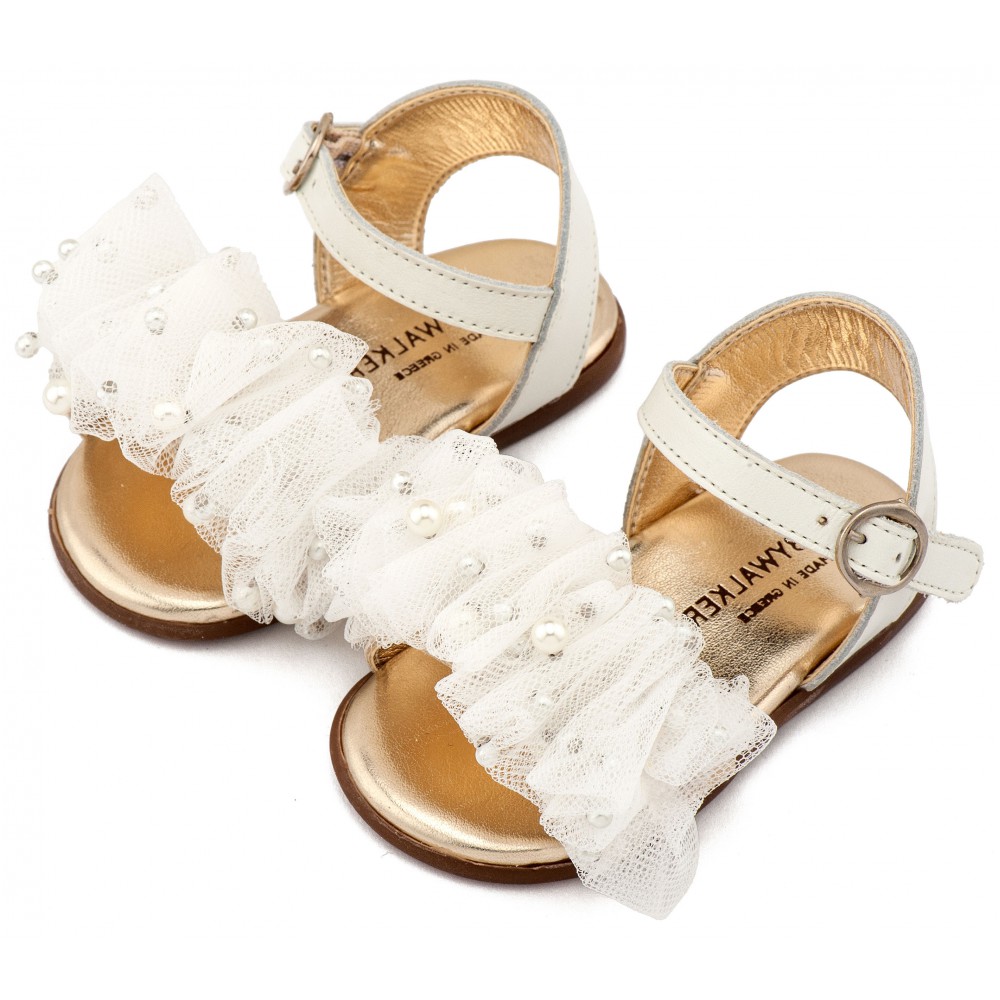 PRI2656 Εκρού Πέδιλο με Χειροποίητο Διακοσμητικό απο Τούλι