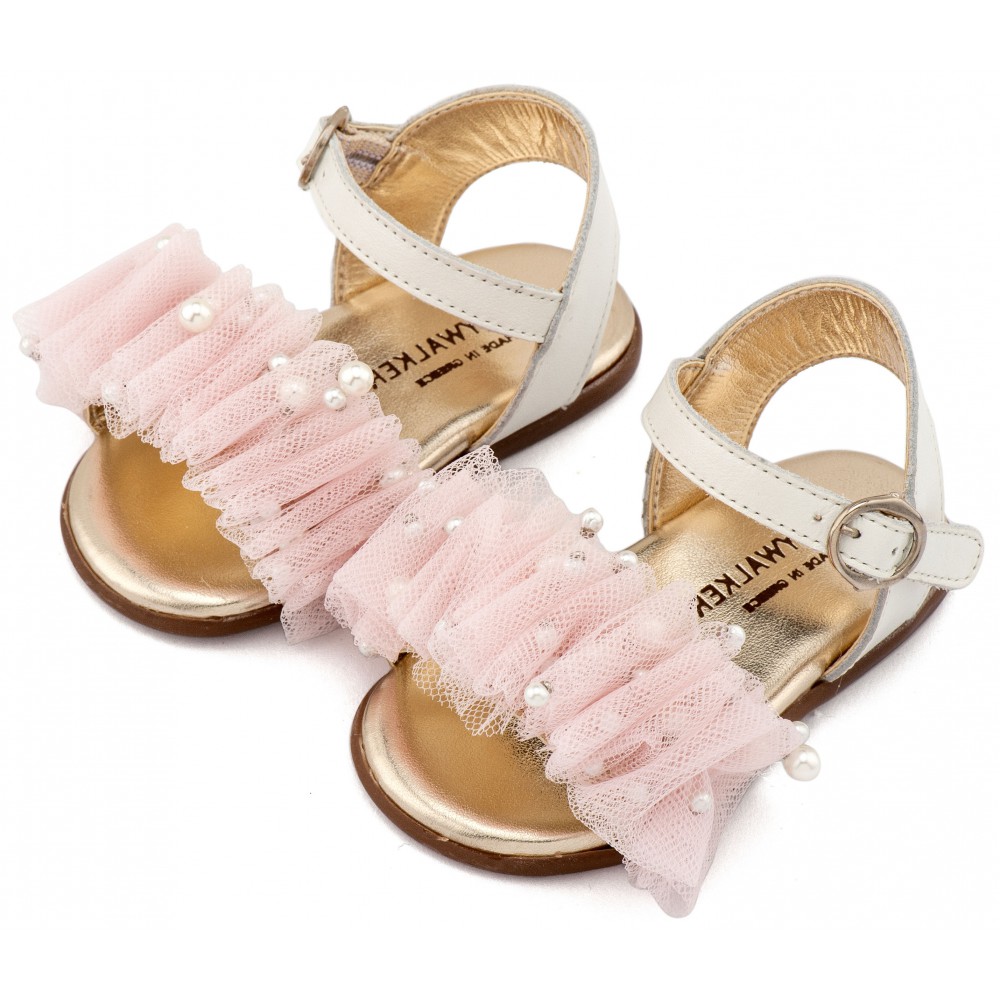 PRI2656 Εκρού Ροζ Πέδιλο με Χειροποίητο Διακοσμητικό απο Τούλι