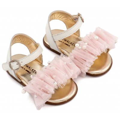 PRI2656 Εκρού Ροζ Πέδιλο με Χειροποίητο Διακοσμητικό απο Τούλι